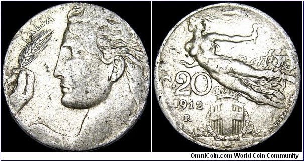 Italy - 20 Centesimi - 1912 - Weight 3,9 gr - Nickel - Size 21,5 mm - Ruler / Vittorio Emanuele III (1900-46) - Designer / Leonardo Bistolfi - Mintage 21 040 000 - Edge : Reeded - Reference KM# 44 (1908-35)
