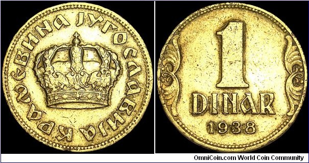 Yugoslavia - 1Dinar - 1938 - Weight 3,5 gr - Aluminum / Bronze - Size 21 mm - Ruler / Petar II (1934-45) - Mintage 100 000 000 - Edge : Plain - Reference KM# 19 (1938)