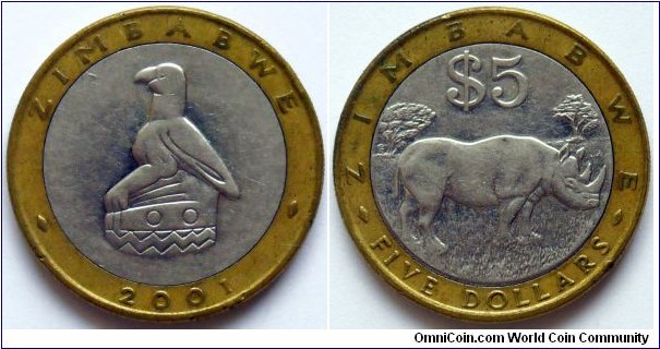 5 dollars.
2001, Rhinoceros.
Bimetal