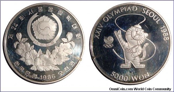 SOUTH KOREA~5,000 Won 1986. Proof: XXIV Olympiad~Seoul 1988.