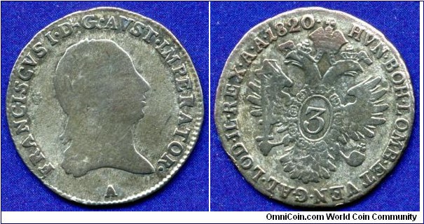 3 kreuzer.
Austrian Empire.
Francisc I (1806-1835).
*A* - Wien mint.


Ag346f. 1,70gr.
