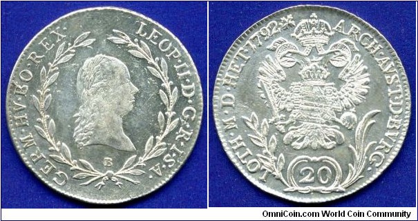 20 kreuzer (Zwanziger).
Leopold II (1790-1792) Emperor of Holy Roman Empire.
*LOTH:M:D:HET:*.
*B*- Kremnitz mint.


Ag583f. 6,68gr.