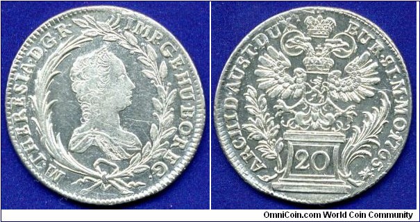 20 kreuzer (Zwanziger).
Bohemian Arm.
*BURG:SI:M:MO:*.
Maria Theresia (1745-1780) Empress of Holy Roman Empire.
Prague mint.


Ag583f. 6,68gr.
