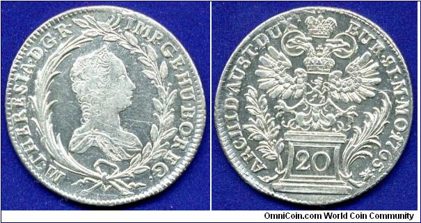 20 kreuzer (Zwanziger).
Bohemian Arm.
*BURG:SI:M:MO:*.
Maria Theresia (1745-1780) Empress of Holy Roman Empire.
Prague mint.


Ag583f. 6,68gr.