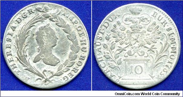 10 kreuzer.
Bohemian Arm.
Maria Theresia (1745-1780) Empress of Holy Roman Empire.
*BURG:SI:M:MO:*.
Prague mint.


Ag500f. 3,90gr.