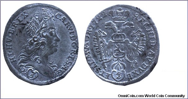 Austria, 3 keuzer, 1722, Ag, Prague Mint, Emperor Charles VI.