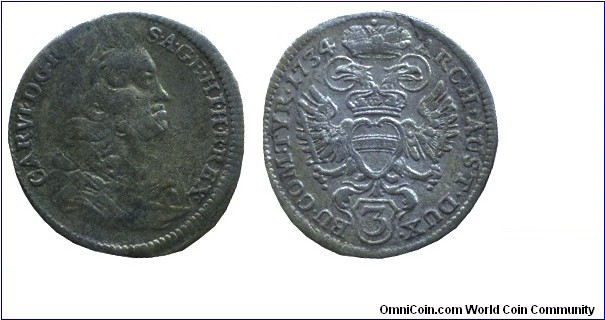 Austria, 3 kreuzer, 1734, Ag, 21mm, 1.68g, Vienna Mint, Emperor Charles VI.