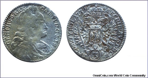 Austria, 3 kreuzer, 1739, Ag, 21mm, 1.69g, Hall Mint, Tirol, Emperor Charles VI.