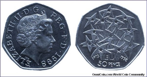 United Kingdom, 50 pence, 1998, Cu-Ni, 27.3mm, 8g, 1973-1998, 25 years of EU membership, Queen Elizabeth II.