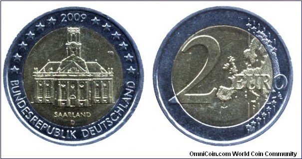 Germany, 2 euros, 2009, Cu-Ni-Ni-S, bi-metallic, 25.75mm, 8.5g, Munich Mint (D), Saarland.