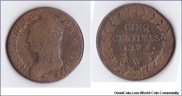 Pièce de 5 Centimes , L'an5 W, Cuivre

