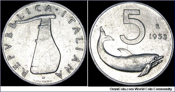 Italy - 5 Lire - 1953 - Weight 1,0 gr - Aluminum - Size 20,20 mm - Thickness 1,4 mm - Alignment Coin (180°) - President / Luigi Einaudi (1948-55) - Engraver / Guiseppe Romagnoli - Obverse / Rudder - Reverse / Dolphin - Mintage 196 200 000 - Edge : Smooth - Reference KM# 92 (1951-2000) 