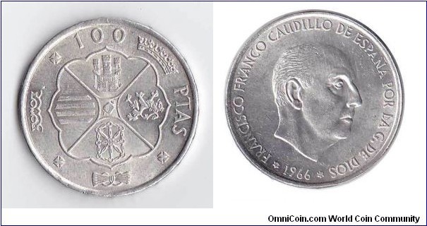 100 Pesetas - Argent - 1966