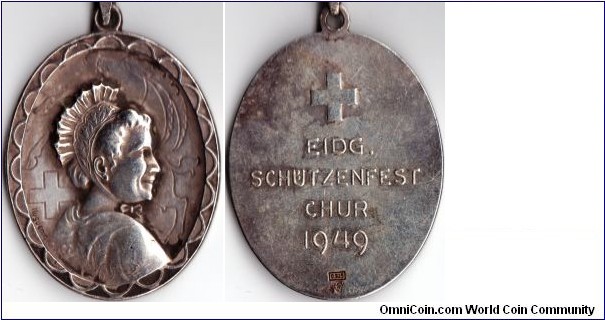 Oval shaped silver medalet issued for the shooting festival at Chur in 1949