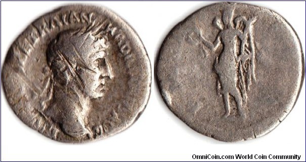 silver `quinarius' of Hadrian as caesar. In this example Victory is facing to the left. RIC 103 (much more common)has Victory heading to the right