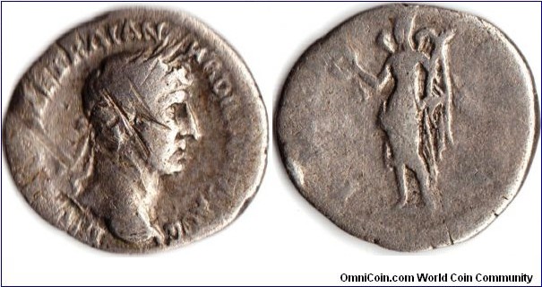 silver `quinarius' of Hadrian as caesar. In this example Victory is facing to the left. RIC 103 (much more common)has Victory heading to the right