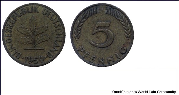 Germany, 5 pfennig, 1950, Brass-Steel, MM: J (Hamburg), Oak.