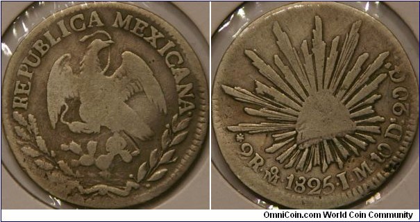 2 Reals, with eagle national symbol. Rev. with the Phrygian cap, used to symbolize liberty esp. in France and the Americas.
Mo mint mark, 28 mm, Ag
