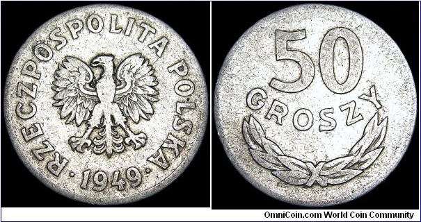 Poland - 50 Groszy - 1949 - Weight 1,6 gr - Aluminum - Size 23 mm - President / August Zaleski (1947-72) - Mintage 59 393 000 - Edge : Reeded - Reference KM# 44a (1949)