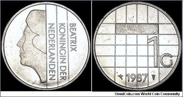 Netherlands - 1 Gulden - 1987 - Weight 6,0 gr - Nickel - Size 25 mm - Ruler / Queen Beatrix (1980-) - Designer / Bruno Ninaber von Eyben - Mintage 20 100 000 - Edge lettering : GOD*ZIJ*MET*ONS* - Reference KM# 205 (1982-2000)