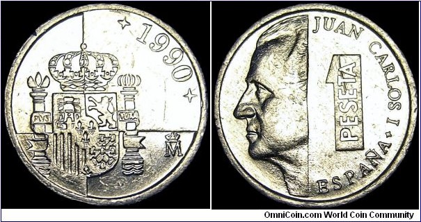 Spain - 1 Peseta - 1990 - Weight 0,6 gr - Aluminum - Size 14 mm - Ruler / Juan Carlos I (1975-) - Mintmark : Crowned M = Madrid - Mintage 197 700 000 - Edge : Plain - Reference KM# 832 (1989-2000) 