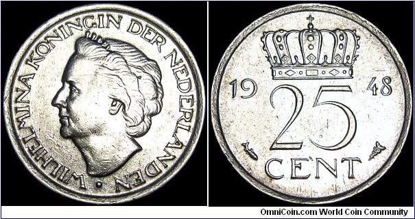 Netherlands - 25 Cents - 1948 - Weight 3,0 gr - Nickel - Size 19 mm - Ruler / Wilhelmina I (1890-1948) - Designer / L.O. Wencheback - Mintage 27 400 000 - Edge : Reeded - Reference KM# 178 (1948)