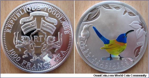 1000 Francs - Blue sunbird - 25 g Ag .925 Proof (prism color) - mintage 2,500