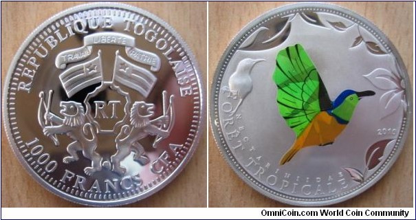 1000 Francs - Green sunbird - 25 g Ag .925 Proof (prism color) - mintage 2,500