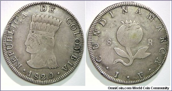 Bogotá, 8 Reales, 1820JF. 23.6g. VF for issue, minor rim-nick. Pedigreed to the Herman Blanton collection.