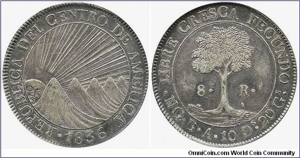 Central American Republic 8 Reales struck in Guatemala. 8 Reales dated 1836 assayer BA. NGC/ AU-55. Original luster.