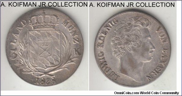 KM-377, 1828 German States Bavaria 3 kreuzer; silver, plain edge; King Ludwig I, scarcer type, nice good extra fine, easily toned due to low silver content.
