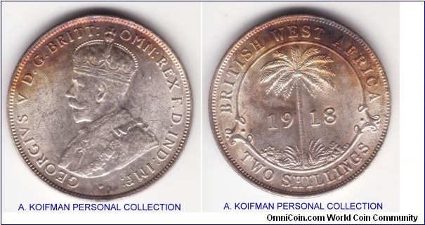 KM-13, 1918 British West Africa 2 shillings, Heaton mint (H mintmark); silver, reeded edge; toned partially but nice almost uncirculated speciment
