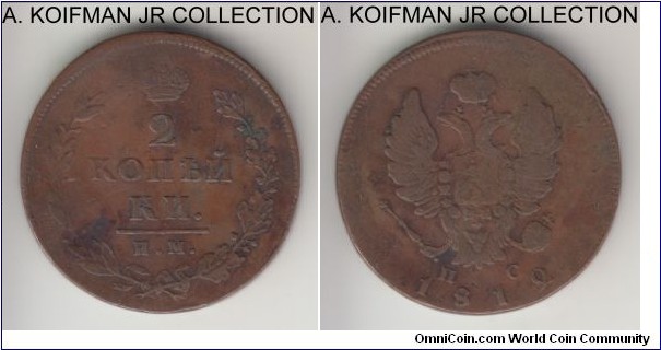 C#118.4, 1812 Russia (Empire) 2 kopecks, Izhora mint (ИМ ПС); copper, plain edge; Alexander I, brown good fine details, old cleaning.