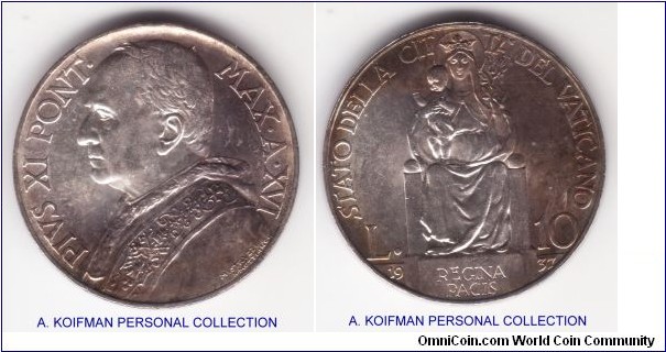 KM-8, 1937 Vatican /XVI year of Pius XI 10 lire; silver, lettered edge; unevenly toned but nice uncirculated specimen, mintage 40,000.