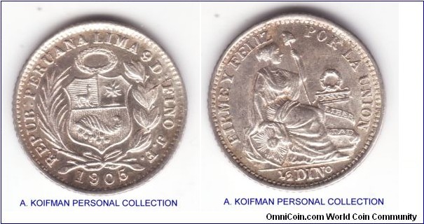 KM-206.2, 1905 Peru 1/2 dinero, looks like 9 over 8 making; silver, reeded edge; nice uncirculated, multiple die breaks