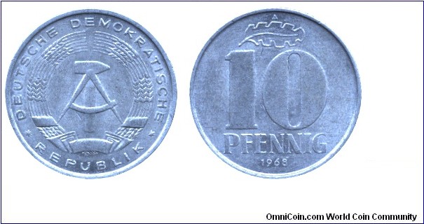 German Democratic Republic, 10 pfennig, 1968, Al, 21mm, 1.5g, MM: A (Berlin).