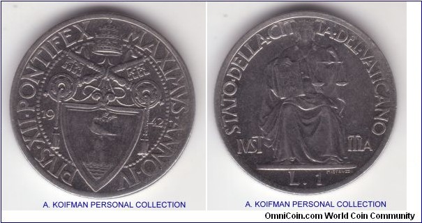 Y#35, 1942/Year IV of Pius XII Vatican lira; stainless steel, reeded edge; about uncirculated, weakly struck as shown on obverse letters in the legend