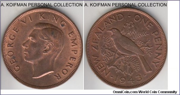 KM-13, 1943 New Zealand penny; bronze, plain edge; very little wear, very nice relief strike uncirculated but a couple of spots and bag marks.