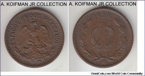 KM-415, 1926 Mexico centavo, Mexico City mint (Mo mint mark); bronze, plain edge; nice brown uncirculated specimen.