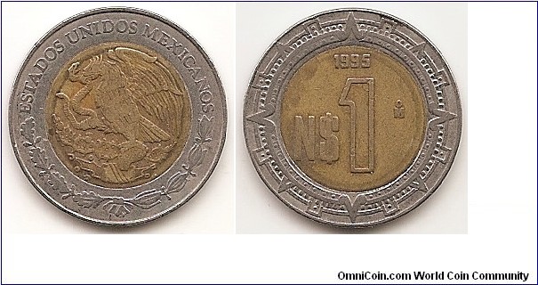 1 Nuevo Peso
KM#550
3.9400 g., Bi-Metallic Aluminum-Bronze center in Stainless Steel ring, 21 mm. Obv: National arms, eagle left Rev: Value