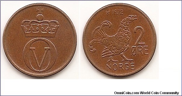 2 Ore
KM#410
4.0000 g., Bronze, 21 mm. Ruler: Olav V Obv: Crowned monogram Rev: Moor hen and value, large lettering
