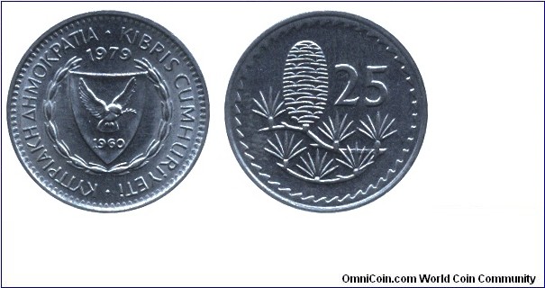 Cyprus, 25 mils, 1979, Cu-Ni, Branch of Lebanon cedar.