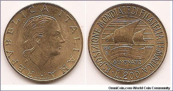 200 Lire
KM#151
5.0000 g., Aluminum-Bronze, 24 mm. Subject: Genoa Stamp Exposition Obv: Head right Rev: Stylized sailing ship