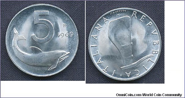 5 Lire 1969 with 1 in year turned upside down!