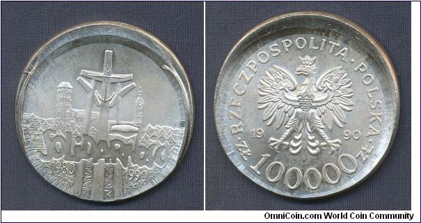 100 000 zloty 10% offcent strike! Solidarnozs coin.