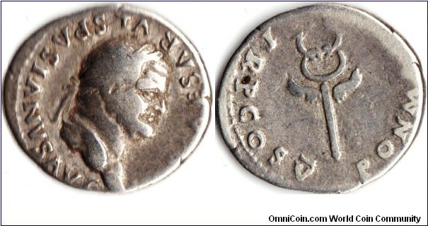 Silver denarius of Vespasian (69 -79 AD), this one dating to 74 AD.
Obv IMP CAESAR VESPASIANUS AUG. Rev  PON MAX TRP COS V