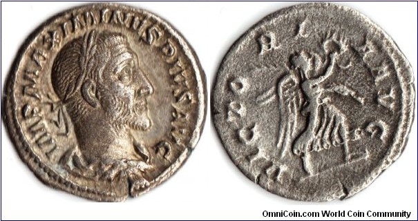 Silver denarius of Maximinus I (Thrax)235-238 AD. This coin minted at Rome between 235 and 236 AD.