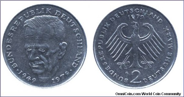 Germany, 2 mark, 1979, Cu-Ni, 26.75mm, 7g, MM: G (Karlsruhe), 1949-1979, Dr. Kurt Schumacher.