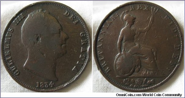 1834 halfpenny, fair grade, large 4 in date