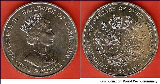 2 pounds
Coronation Anniversary of Queen Elizabeth II 1953-1993
Crowned EIIR - monogram with rose, thistle, clover and leek
copper-nickel